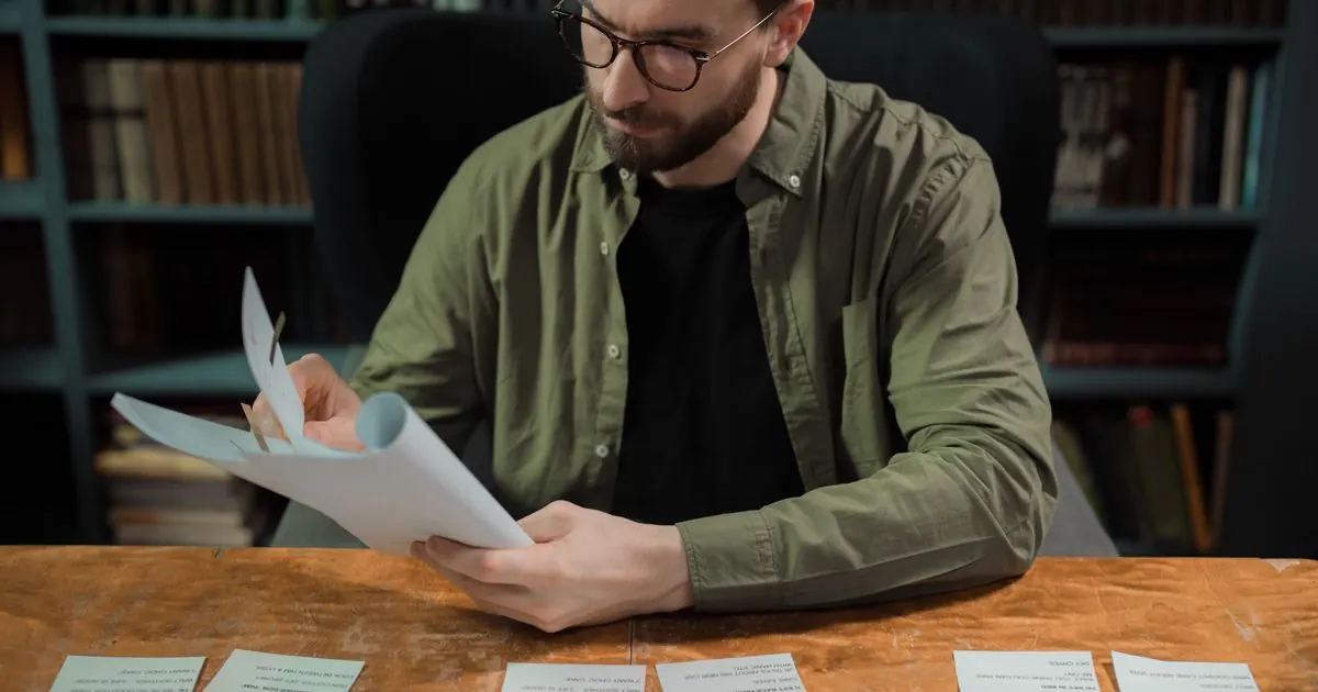 Student sorting handwritten flashcards at a wooden desk in a library