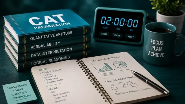 CAT preparation books with a study notebook and a digital timer