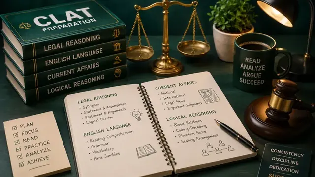 CLAT preparation books with scales of justice and a study notebook
