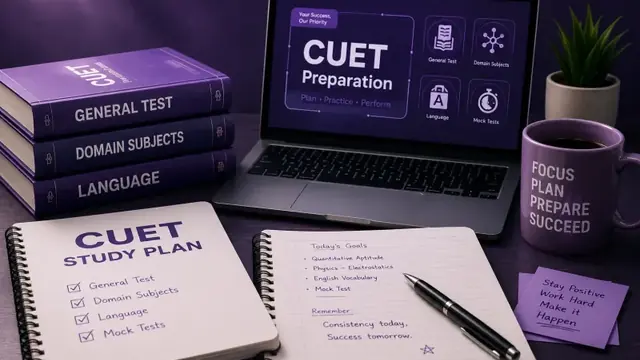 CUET preparation books and a study plan notebook next to a laptop