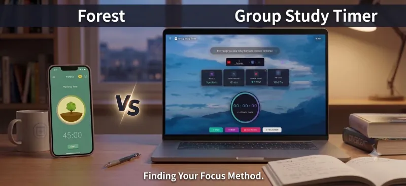 Forest app on a phone compared with Group Study Timer on a laptop