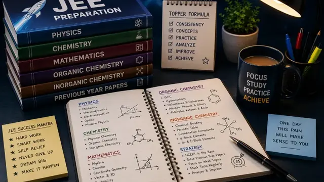 JEE preparation books for physics, chemistry and maths beside an open study notebook