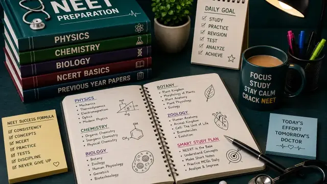 NEET preparation books for physics, chemistry and biology with a study notebook