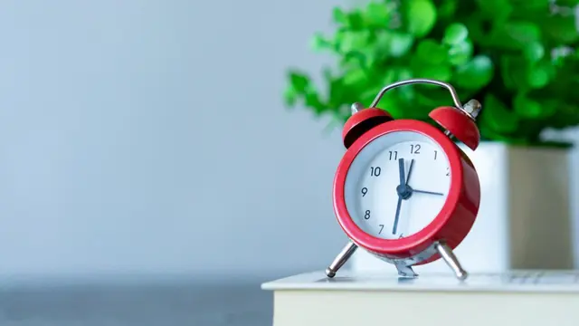 Red alarm clock on a desk beside a green plant