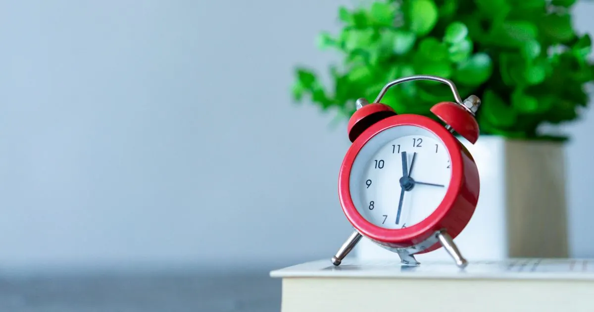 Red alarm clock on a desk beside a green plant
