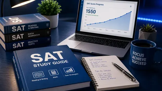 SAT study guides with a laptop showing a score progress chart
