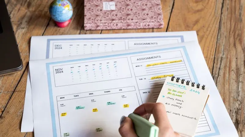 Hand writing a to-do list next to a printed monthly study calendar